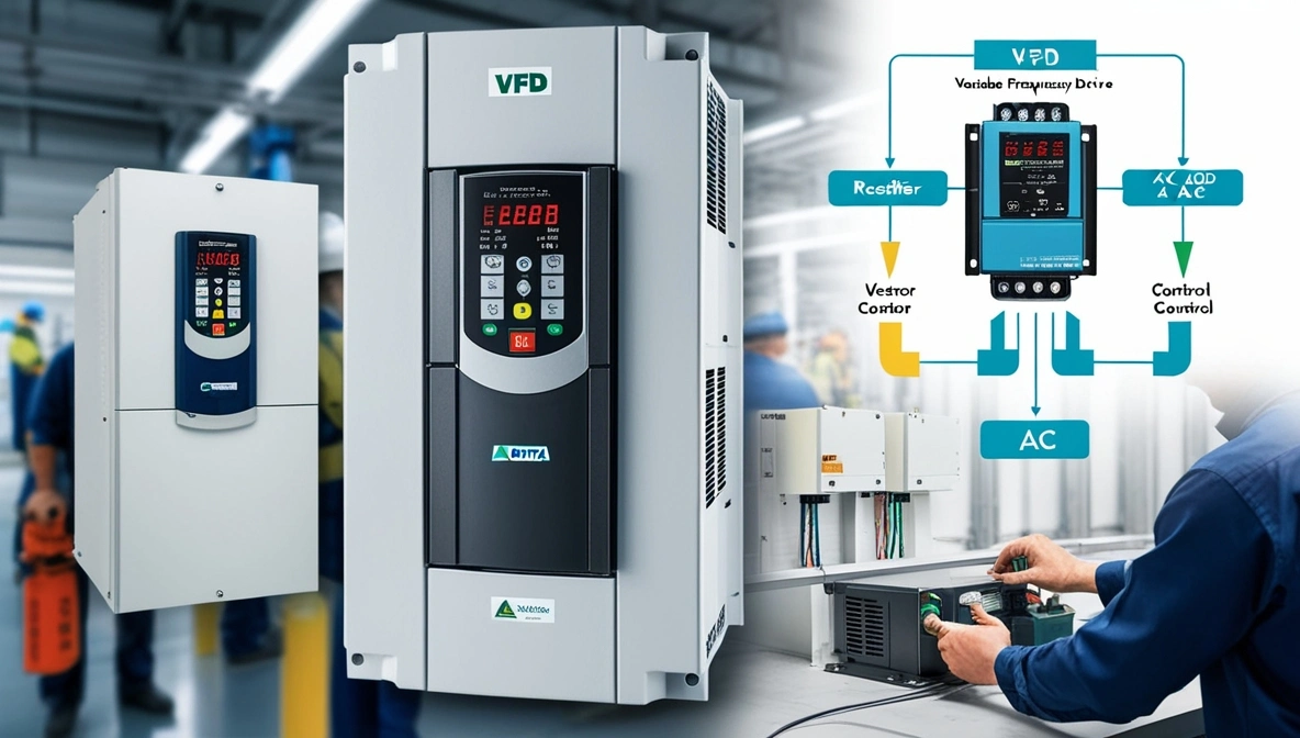 VFD control panel in action with clear wiring and factory background