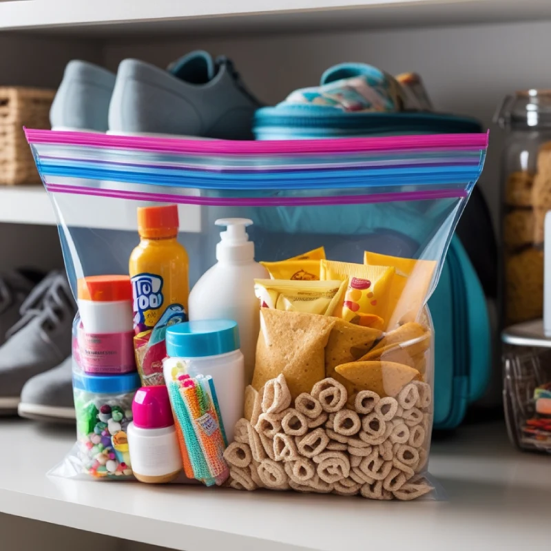 2-gallon Ziplock bag filled with snacks and stored neatly in a pantry.