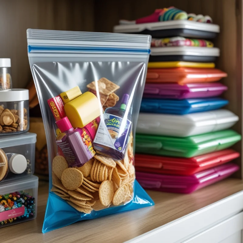 2-gallon Ziplock bag filled with travel toiletries for TSA-compliant travel.