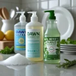 A variety of dish soaps on a kitchen countertop, showcasing top brands and packaging.