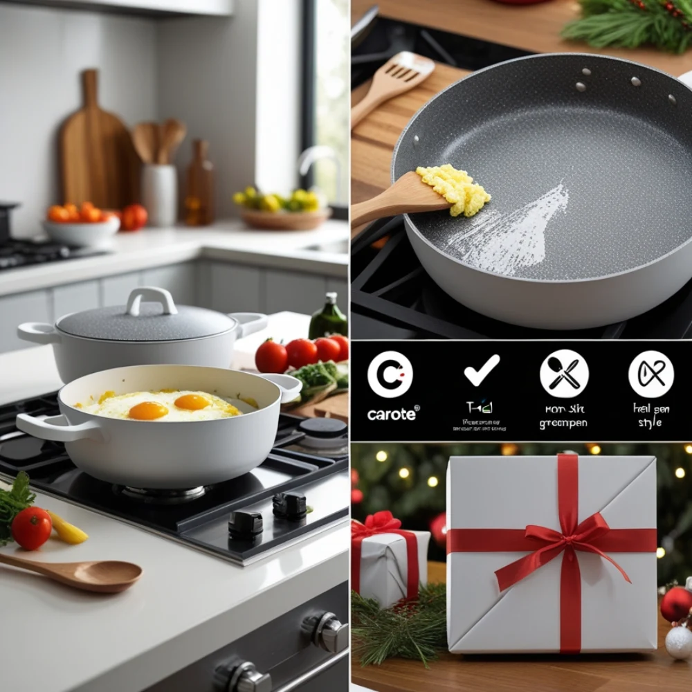 Gift-wrapped Carote cookware set on festive kitchen counter