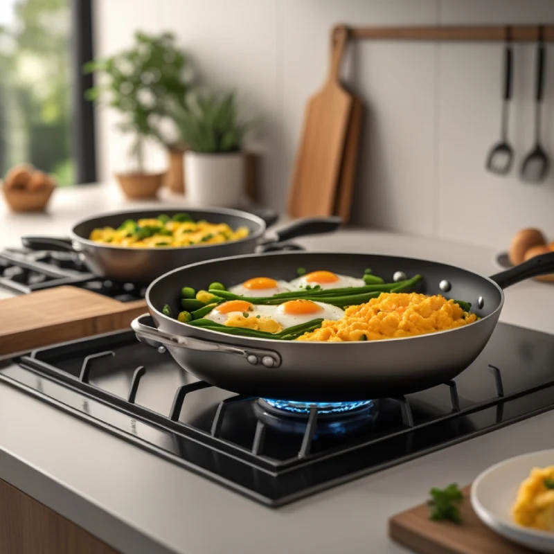 High-quality MasterClass Premium Cookware in a stylish kitchen, non-stick surface in use, cooking eggs and vegetables.