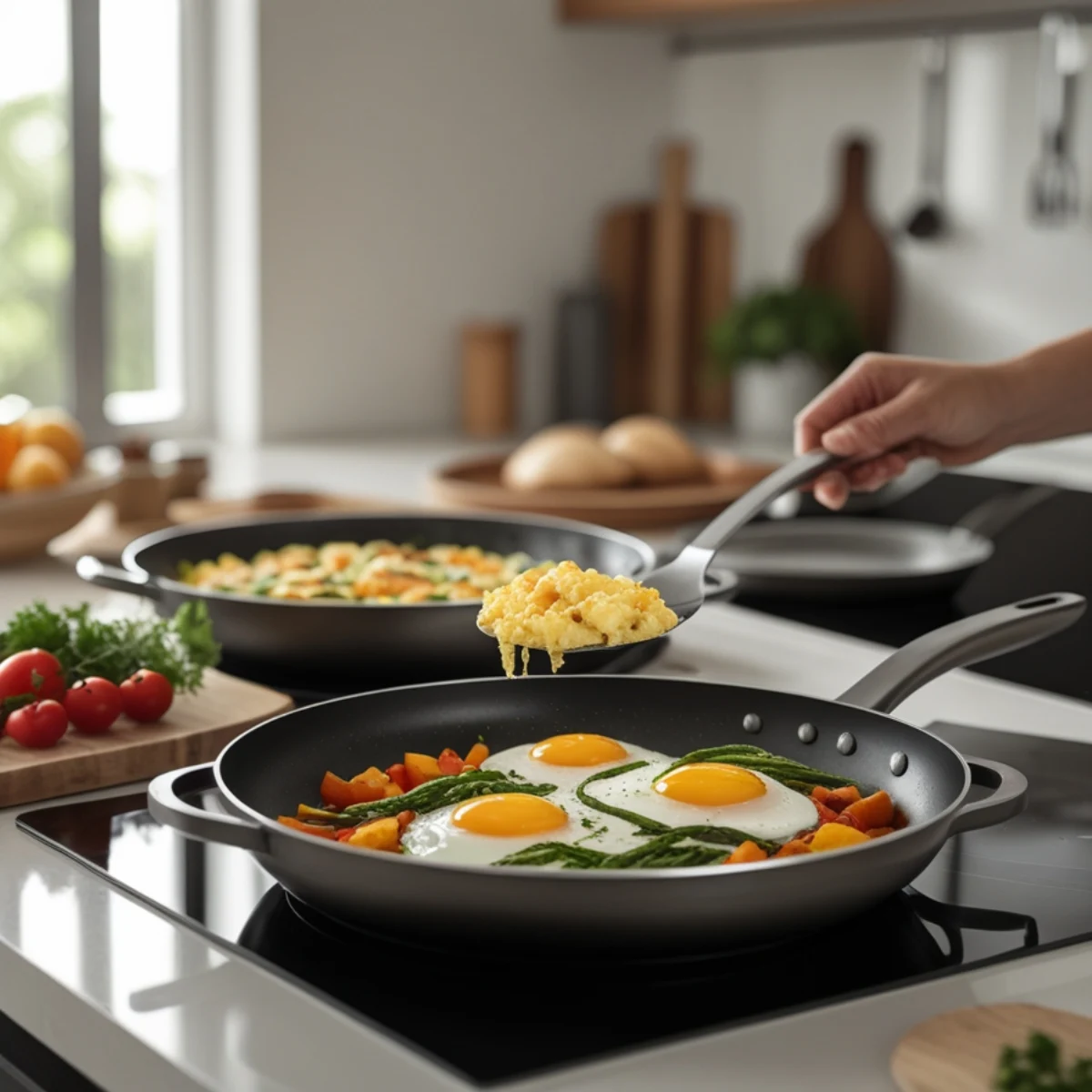 MasterClass Premium Cookware being used in a cozy modern kitchen, showcasing its stylish design and ease of use.