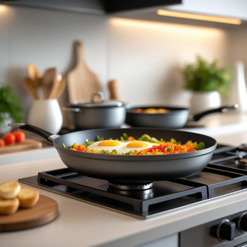 Close-up of MasterClass Premium Cookware’s non-stick surface showing food easily sliding off the pan.