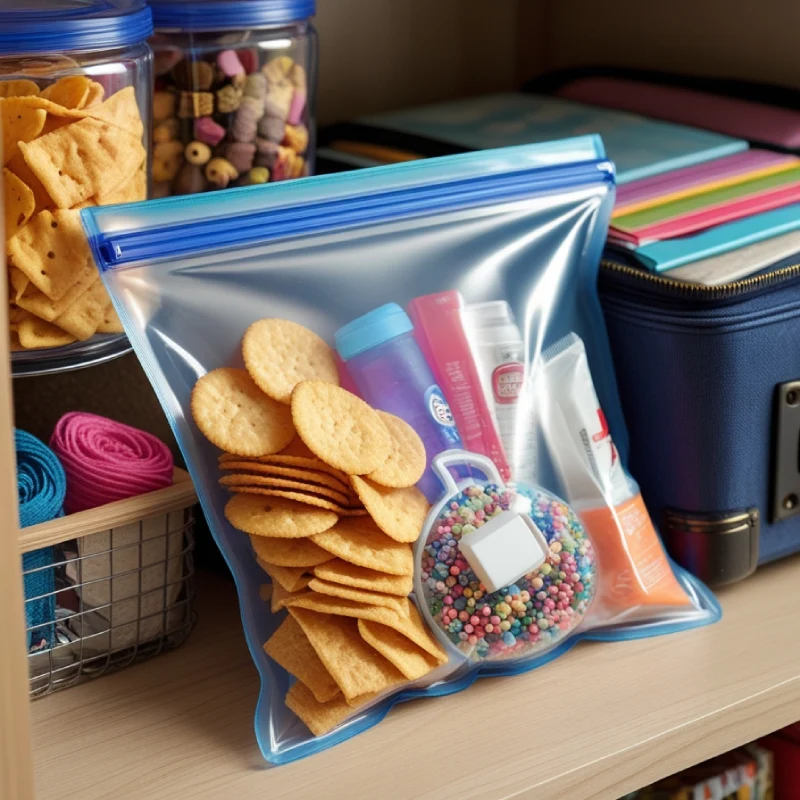 2-gallon Ziplock bag filled with beads, yarn, and scrapbooking materials.